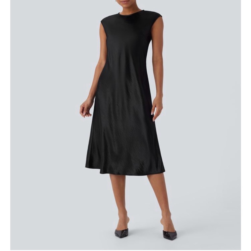 HALARA Round Neck Cap Sleeve A Line Satin Midi Work Dress